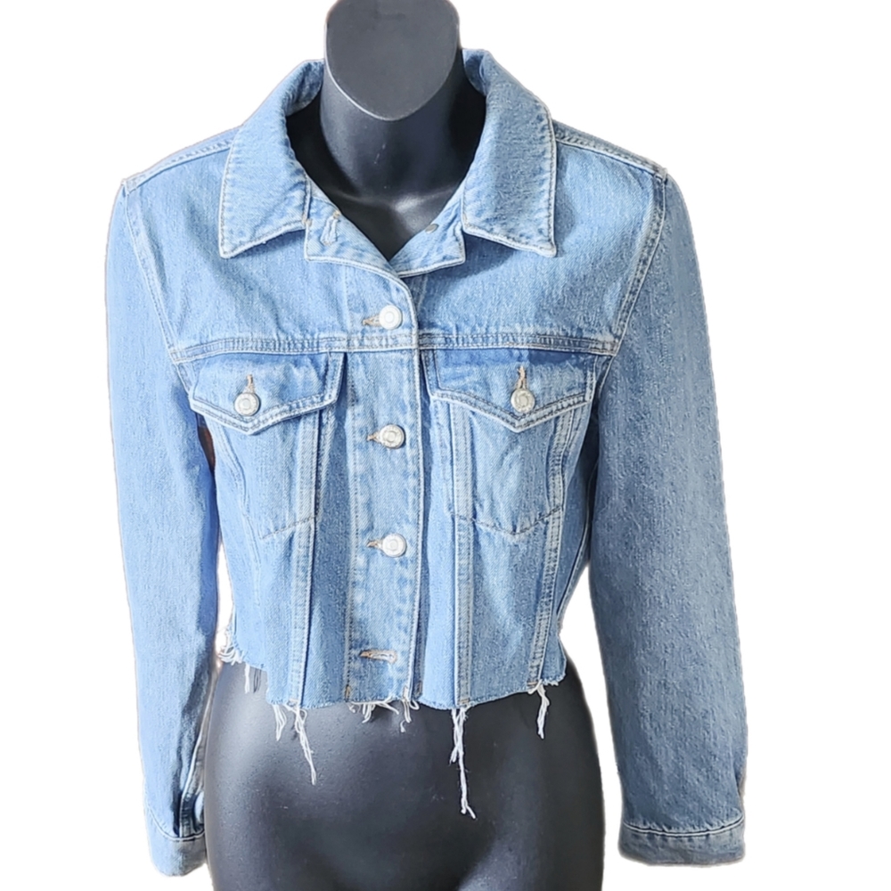 TOPSHOP TILDA CHOPPED RAW HEM DENIM JEAN JACKET SIZE 6 LIKE NEW - Picture 3 of 6